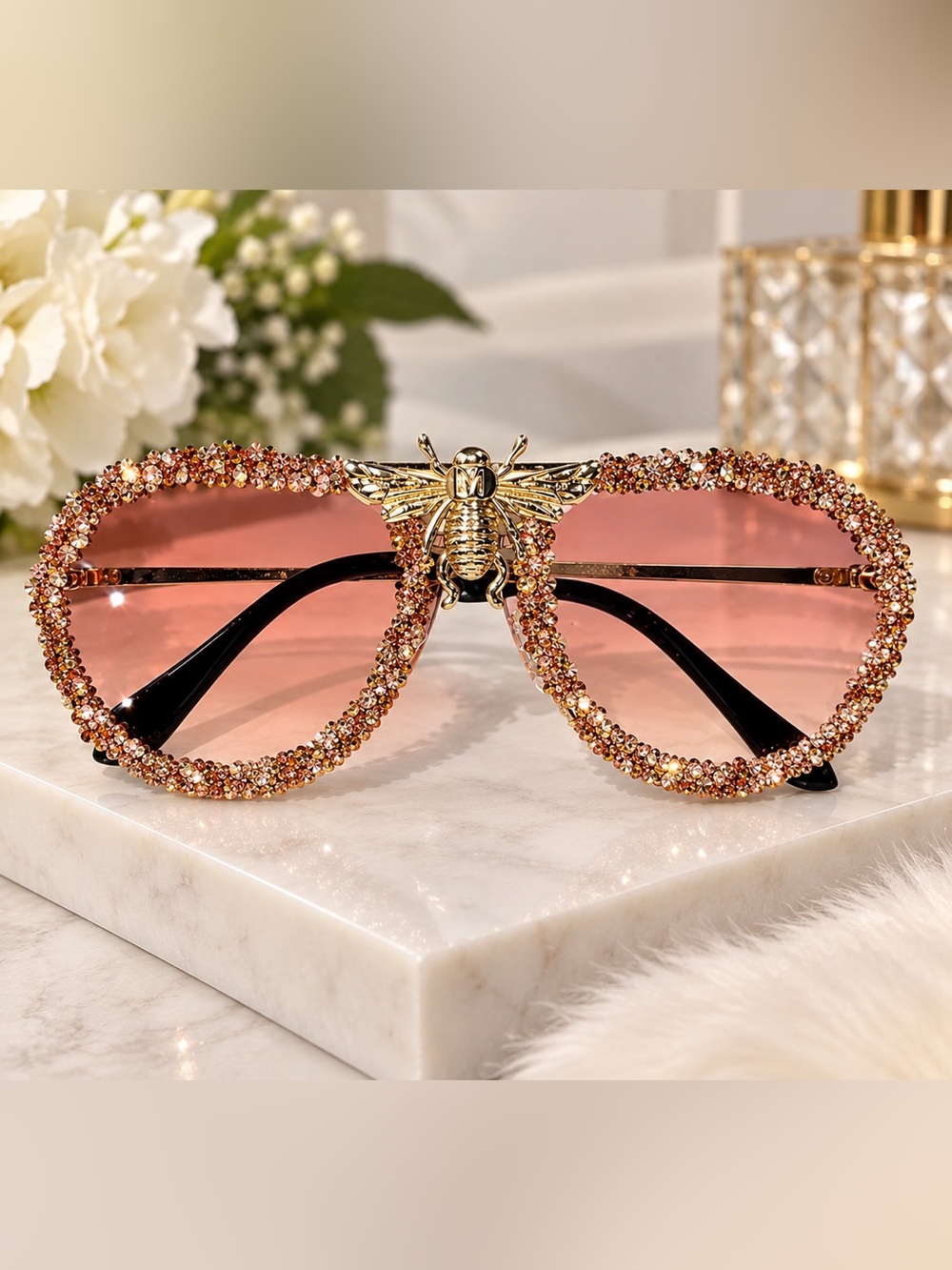 Embellished Bee Crystal Sunglasses - Rose Gold